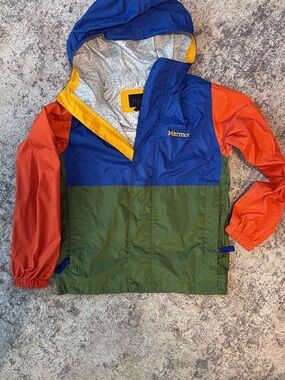 Marmot Colorblock Hooded Jacket in Blue, Green & Orange